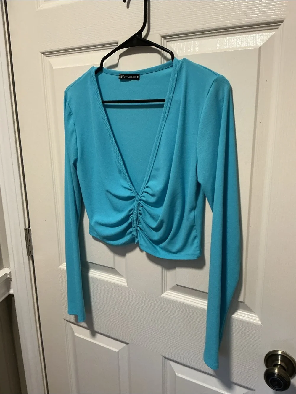 Zara Turquoise Ruched Long Sleeve Crop Top Size Medium Y2K Coquette